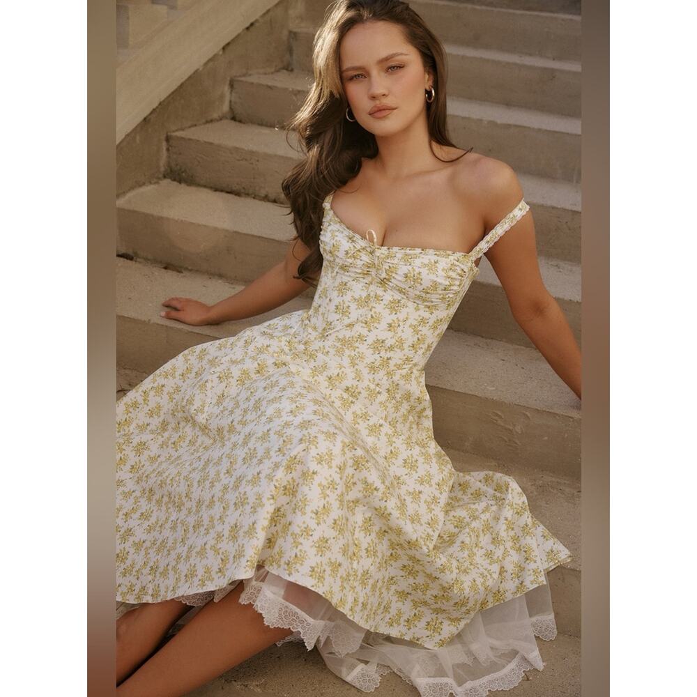 House of CB Rosalee White Vintage Floral Print Cotton Bustier Sundress XS - Picture 4 of 12